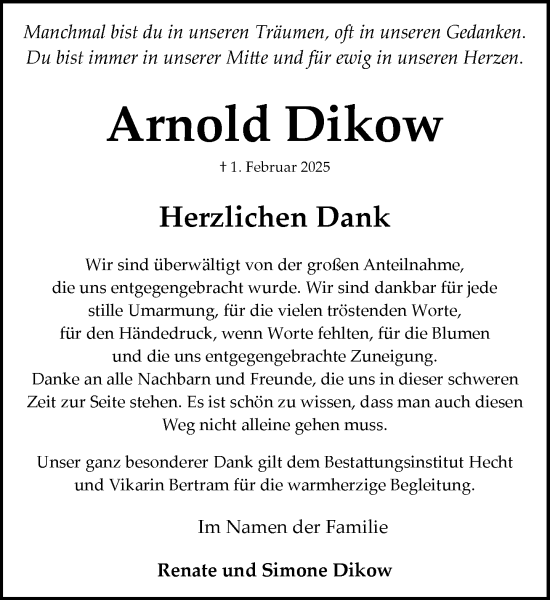 Traueranzeige von Arnold Dikow von MARKT Bad Oldesloe/Reinfeld und Stormarner Tageblatt