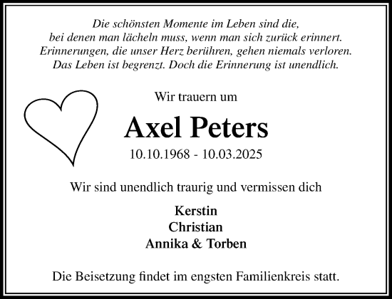 Traueranzeige von Axel Peters von MARKT Bad Oldesloe/Reinfeld und Stormarner Tageblatt
