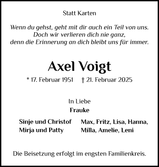 Traueranzeige von Axel Voigt von Region Pinneberg und tip Pinneberg