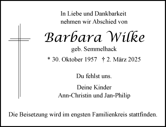 Traueranzeige von Barbara Wilke von Umschau