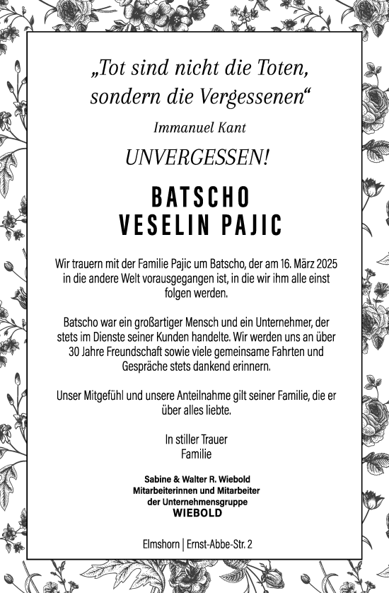 Traueranzeige von Batscho Veselin Pajic von Elmshorner Nachrichten, Barmstedter Zeitung