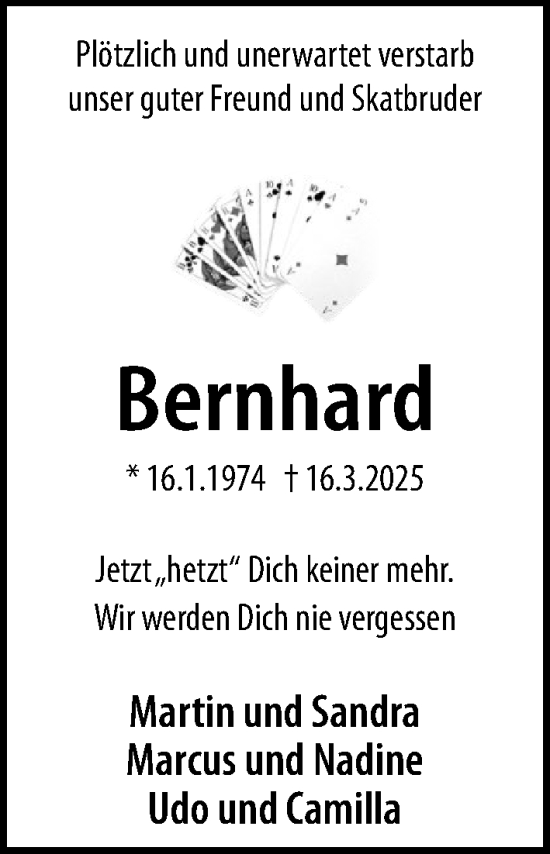 Traueranzeige von Bernhard  von MARKT Ratzeburg/Mölln