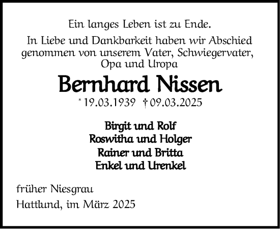 Traueranzeige von Bernhard Nissen von Flensburger Tageblatt