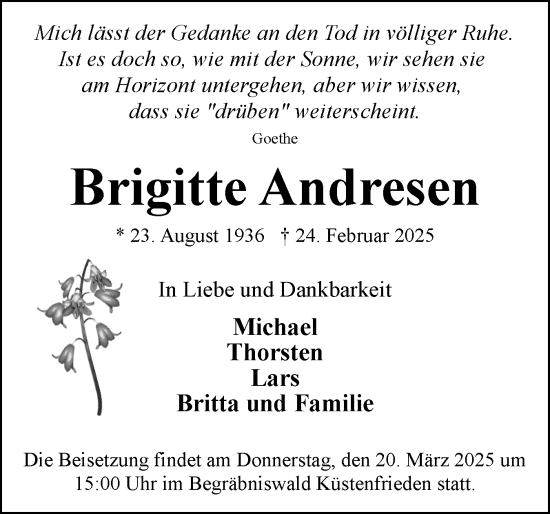 Traueranzeige von Brigitte Andresen von Eckernförder Zeitung, Hallo Eckernförde