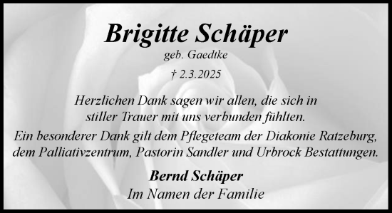Traueranzeige von Brigitte Schäper von MARKT Ratzeburg/Mölln
