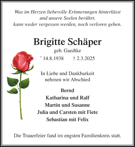 Traueranzeige von Brigitte Schäper von MARKT Ratzeburg/Mölln