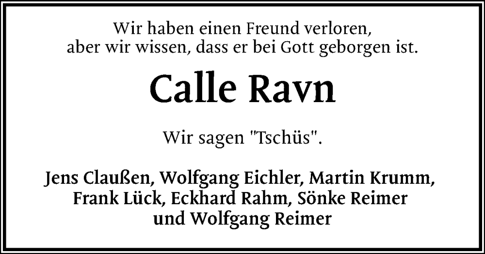  Traueranzeige für Calle Ravn vom 01.03.2025 aus Holsteinischer Courier