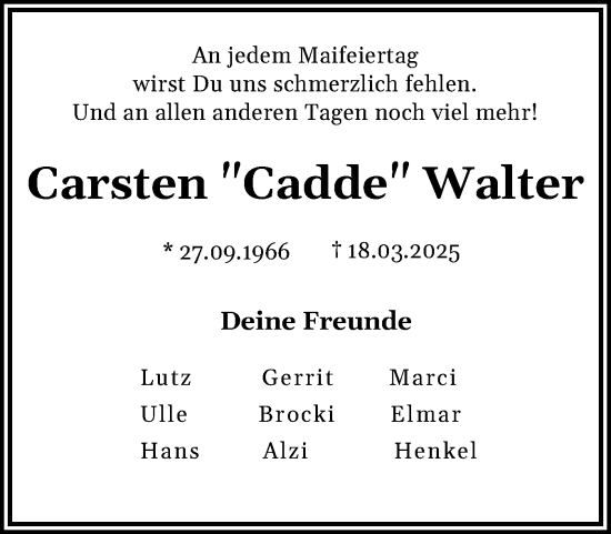 Traueranzeige von Carsten Walter von Norddeutsche Rundschau, Wilstersche Zeitung, Glückstädter Fortuna
