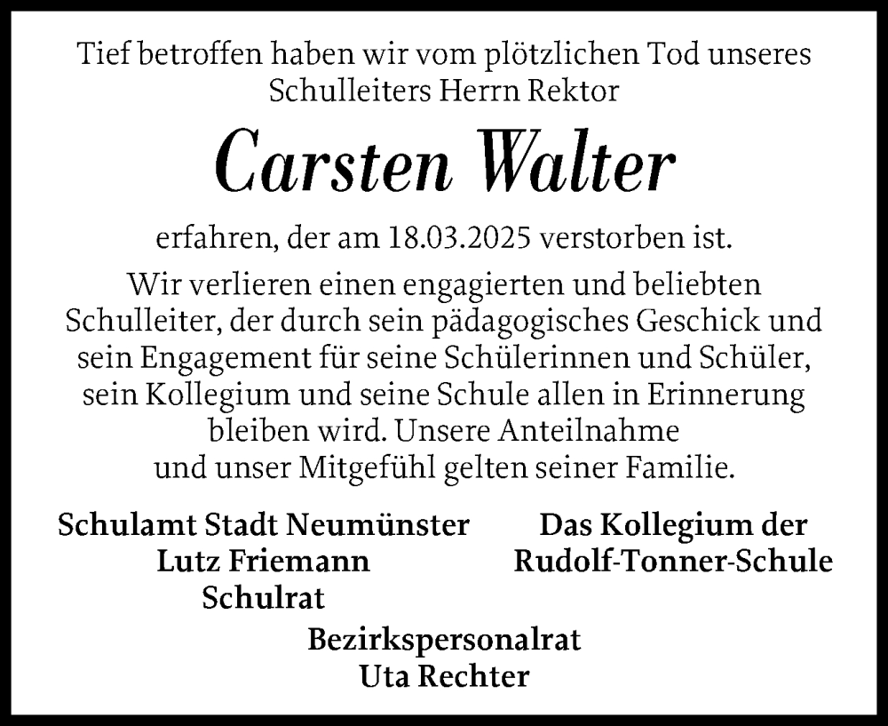  Traueranzeige für Carsten Walter vom 29.03.2025 aus Holsteinischer Courier