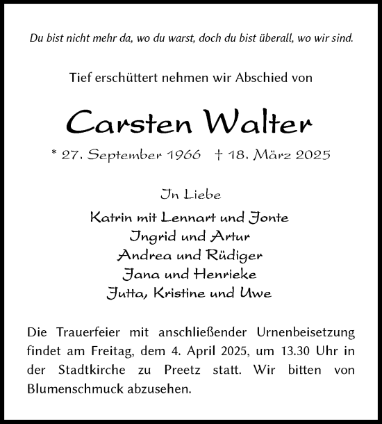Traueranzeige von Carsten Walter von Norddeutsche Rundschau, Wilstersche Zeitung, Glückstädter Fortuna