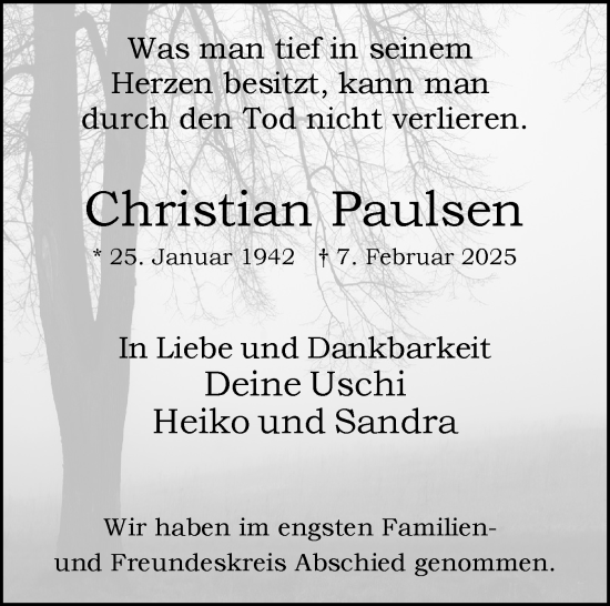 Traueranzeige von Christian Paulsen von Uetersener Nachrichten, Der tip am Wochenende