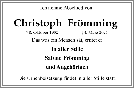Traueranzeige von Christoph Frömming von MARKT Ratzeburg/Mölln