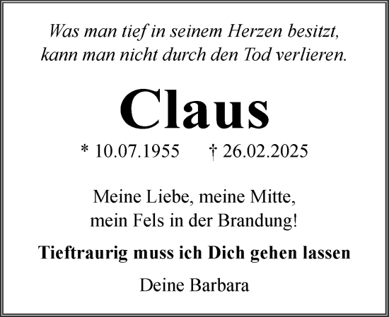Traueranzeige von Claus  von Husumer Nachrichten, Nordfriesland Tageblatt