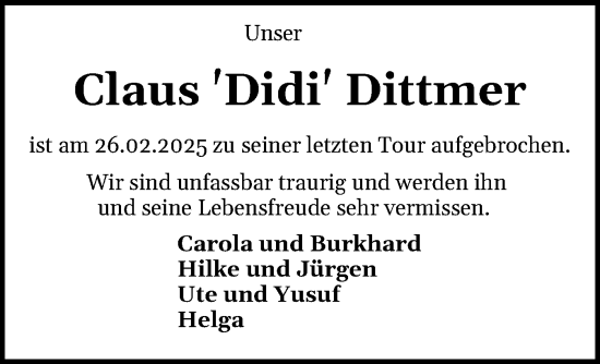 Traueranzeige von Claus  Dittmer von Region Westküste