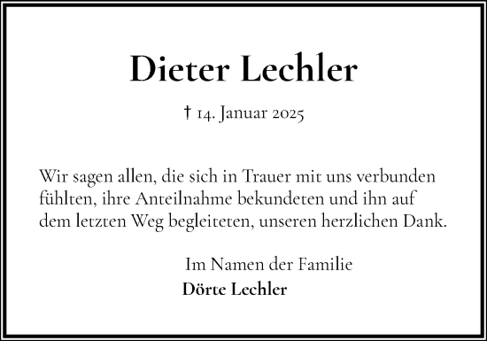 Traueranzeige von Dieter Lechler von Elmshorner Nachrichten, Barmstedter Zeitung