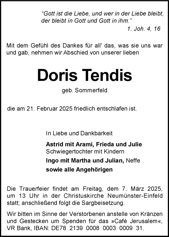 Traueranzeige von Doris Tendis von Holsteinischer Courier