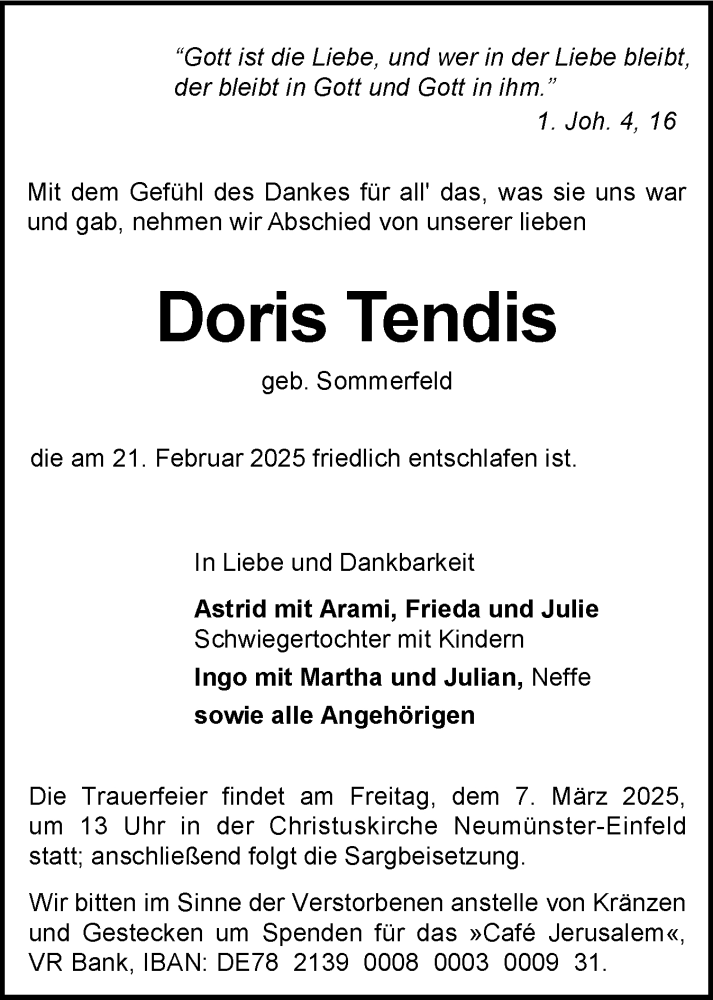  Traueranzeige für Doris Tendis vom 01.03.2025 aus Holsteinischer Courier