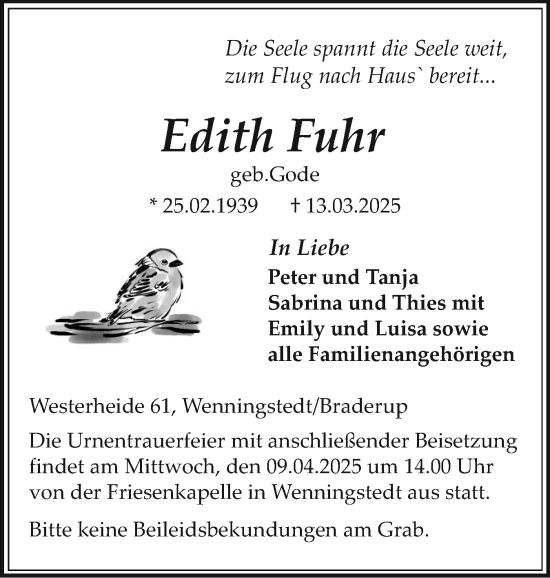 Traueranzeige von Edith Fuhr von Sylter Rundschau