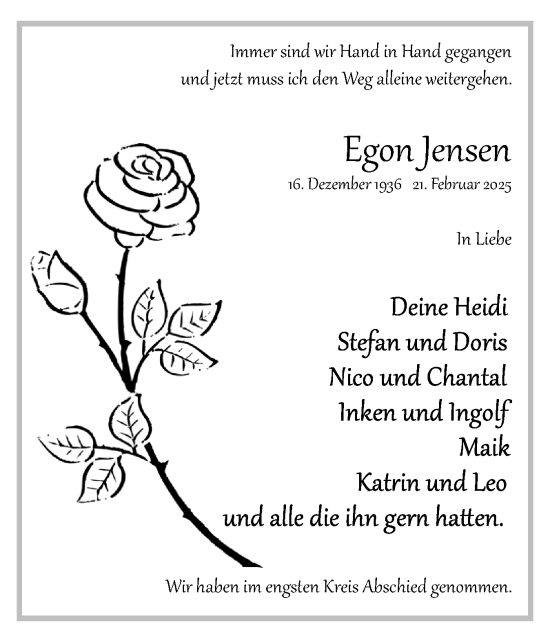 Traueranzeige von Egon Jensen von Uetersener Nachrichten, Der tip am Wochenende