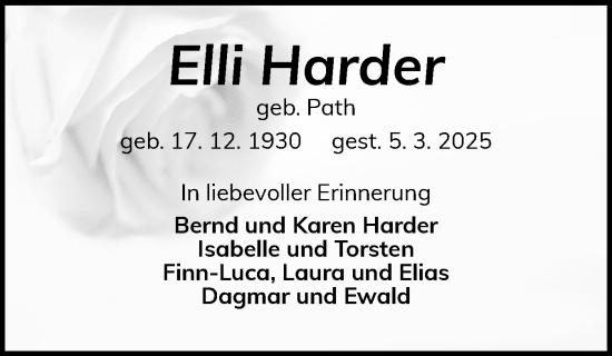 Traueranzeige von Elli Harder von Schleswig-Holsteinische Landeszeitung