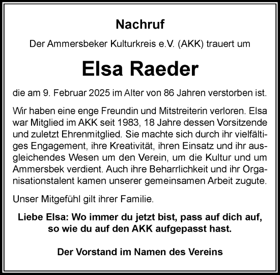 Traueranzeige von Elsa Raeder von MARKT Ahrensburg/Bargteheide/Trittau und Stormarner Tageblatt