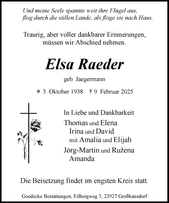Traueranzeige von Elsa Raeder von MARKT Ahrensburg/Bargteheide/Trittau und Stormarner Tageblatt