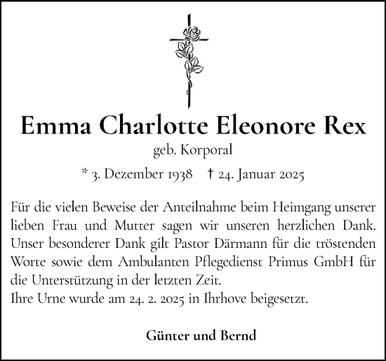 Traueranzeige von Emma Charlotte Eleonore Rex von Elmshorner Nachrichten, Barmstedter Zeitung