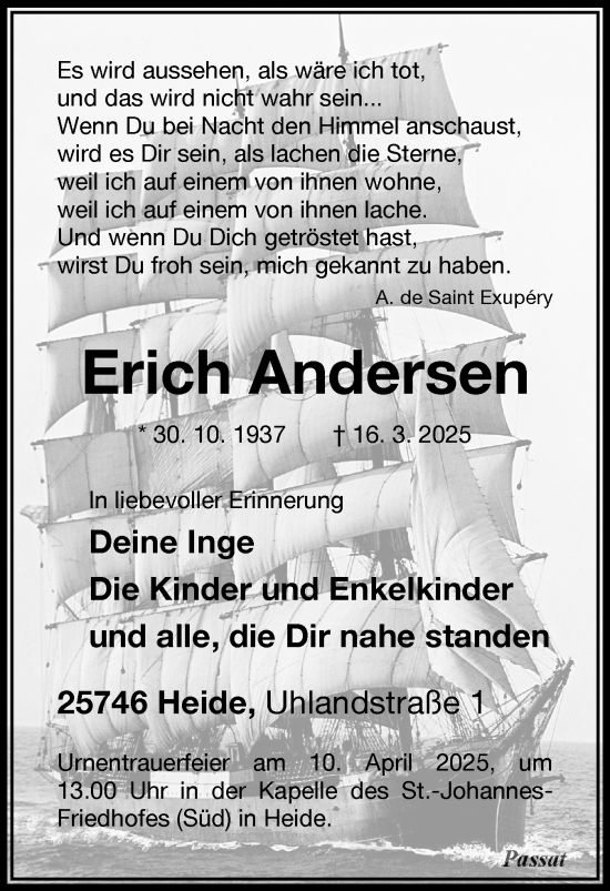 Traueranzeige von Erich Andersen von Sylter Rundschau