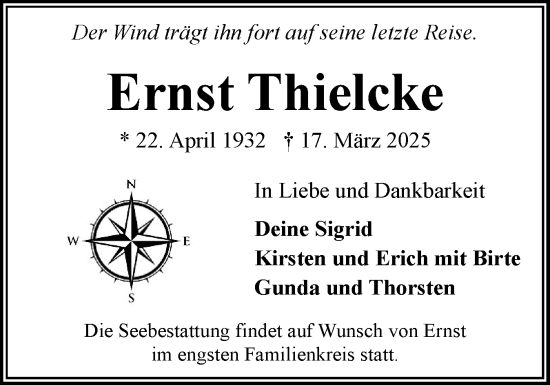 Traueranzeige von Ernst Thielcke von Flensburger Tageblatt