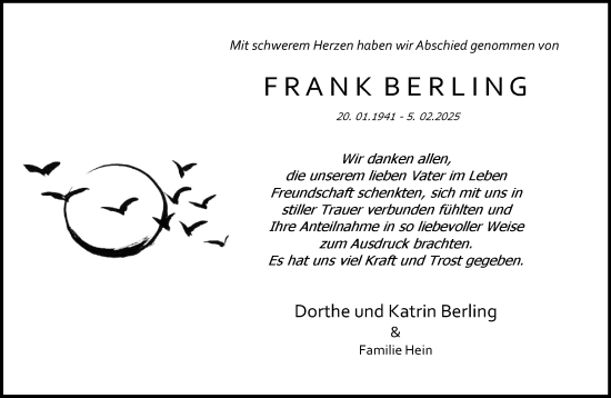 Traueranzeige von Frank Berling von Wochenend Anzeiger