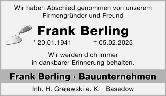 Traueranzeige von Frank Berling von Wochenend Anzeiger