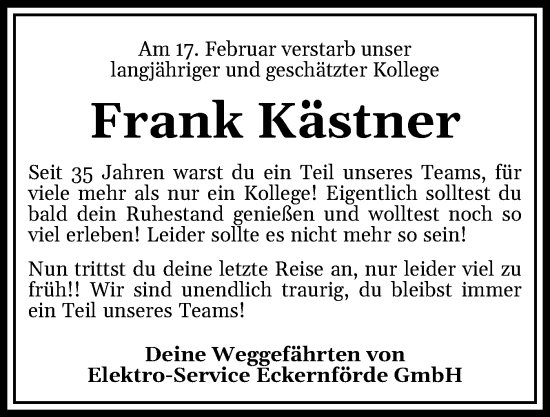 Traueranzeige von Frank Kästner von Eckernförder Zeitung, Hallo Eckernförde
