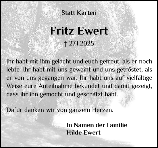 Traueranzeige von Fritz Ewert von Holsteinischer Courier