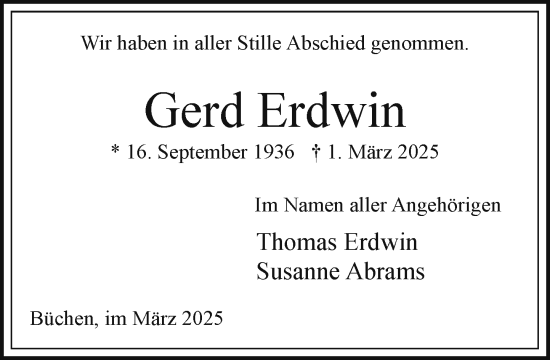 Traueranzeige von Gerd Erdwin von Wochenend Anzeiger