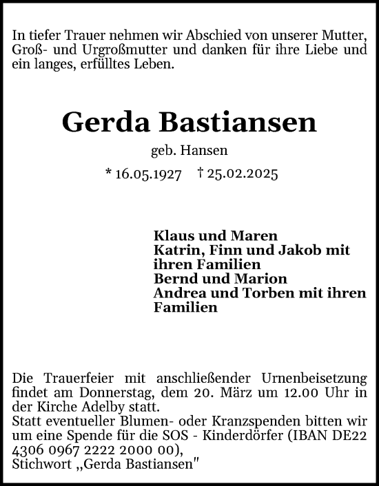 Traueranzeige von Gerda Bastiansen von Flensburger Tageblatt