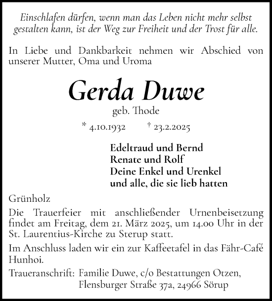 Traueranzeige von Gerda Duwe von Flensburger Tageblatt