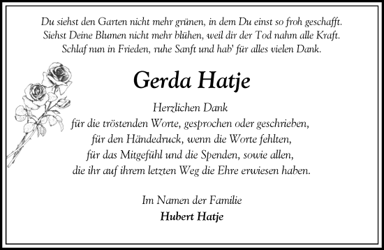 Traueranzeige von Gerda Hatje von Heimatspiegel