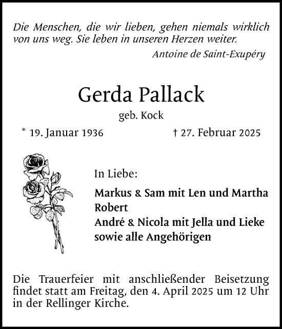 Traueranzeige von Gerda Pallack von Region Pinneberg und tip Pinneberg