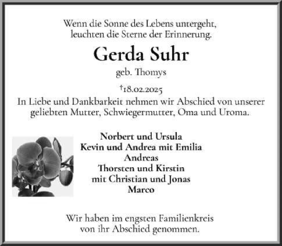 Traueranzeige von Gerda Suhr von Schleswig-Holsteinische Landeszeitung