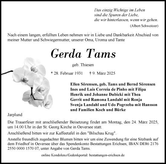 Traueranzeige von Gerda Tams von Flensburger Tageblatt