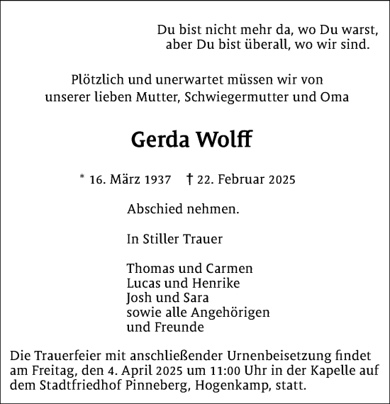 Traueranzeige von Gerda Wolff von Region Pinneberg und tip Pinneberg
