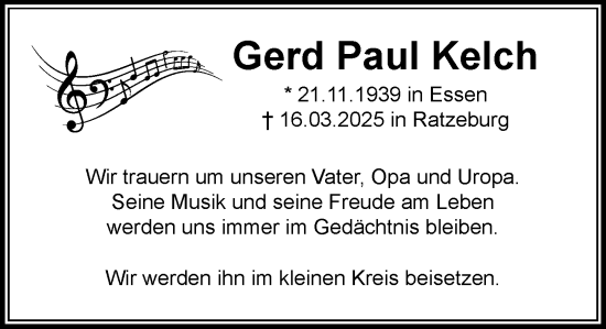Traueranzeige von Gerd Paul Kelch von MARKT Ratzeburg/Mölln
