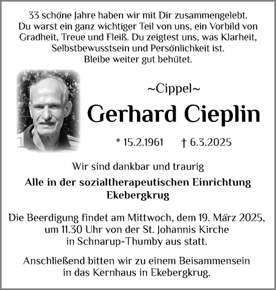 Traueranzeige von Gerhard Cieplin von Schleswiger Nachrichten, Schlei-Bote