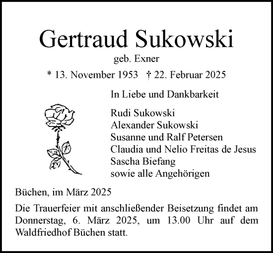 Traueranzeige von Gertraud Sukowski von Wochenend Anzeiger