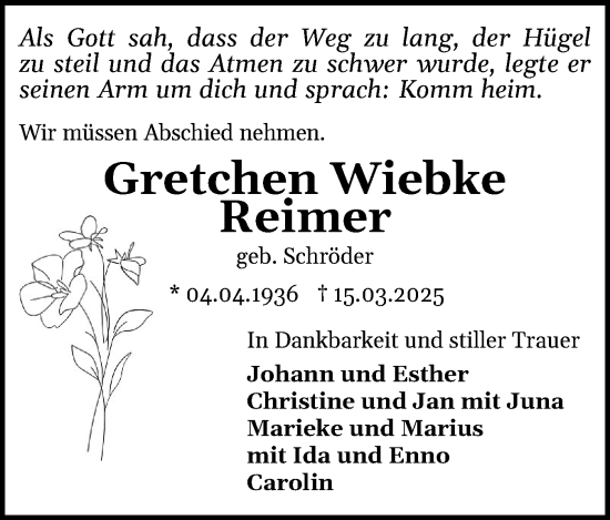 Traueranzeige von Gretchen Wiebke Reimer von Schleswiger Nachrichten, Schlei-Bote