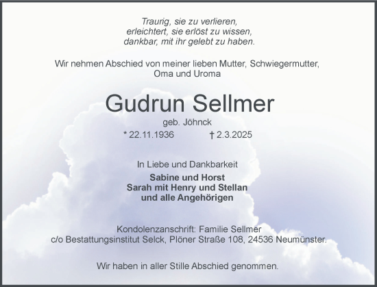 Traueranzeige von Gudrun Sellmer von Holsteinischer Courier