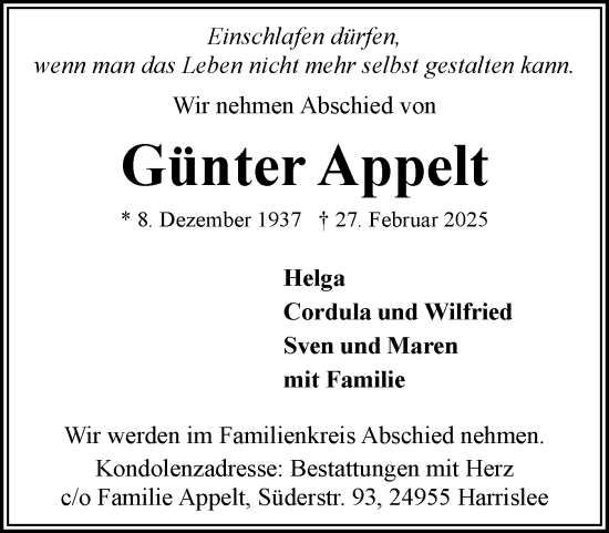 Traueranzeige von Günter Appelt von Flensburger Tageblatt