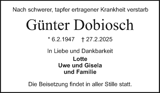 Traueranzeige von Günter Dobiosch von Holsteinischer Courier