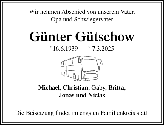 Traueranzeige von Günter Gütschow von MARKT Ratzeburg/Mölln