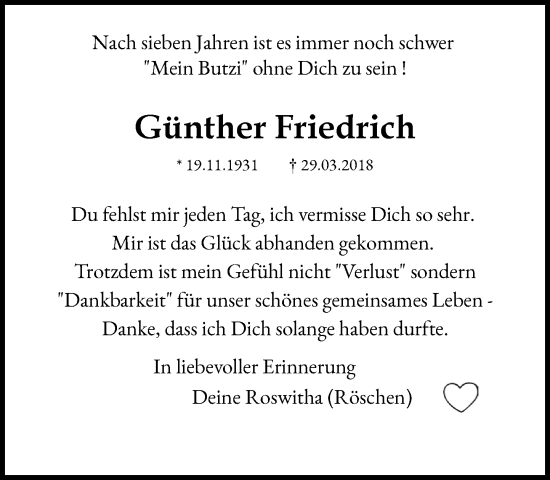 Traueranzeige von Günther Friedrich von Heimatspiegel